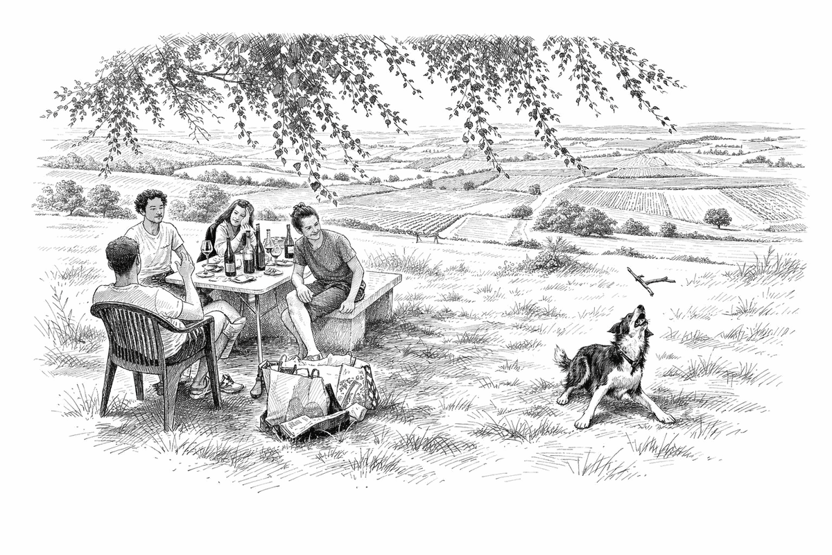 Four vignerons sharing wine above a French vineyard