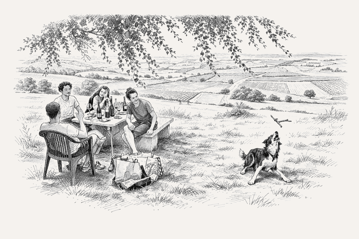 Vignerons sharing wine among the vineyards